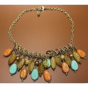 Boho Turquoise & Coral Colored Gold Charm Stone Necklace